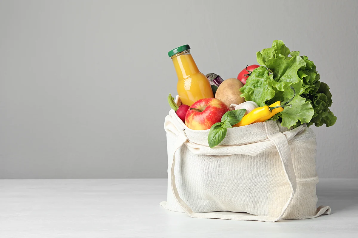 groceries in a cloth tote bag