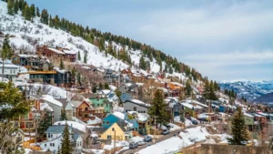 Houses pictured on snowy mountainside in Park City, Utah