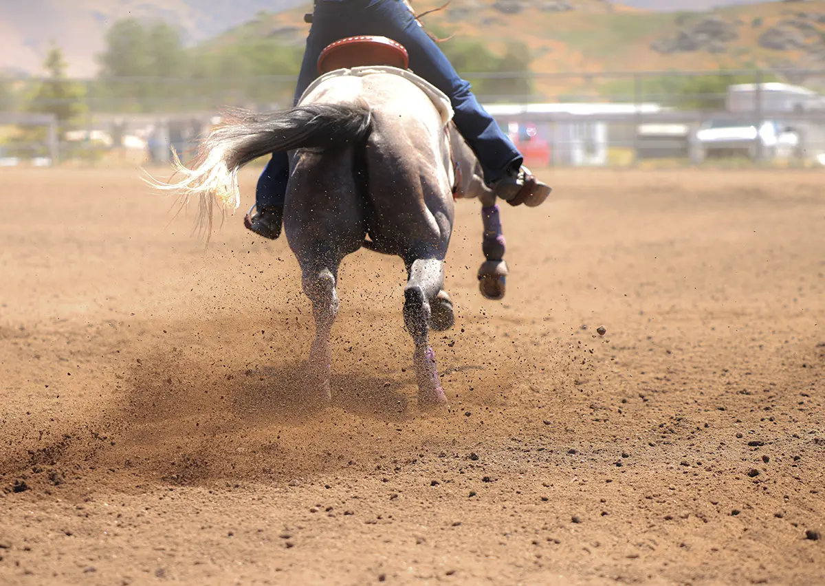 cowboy riding a horse in a dirt arena for the rodeo like Big Sky PBR