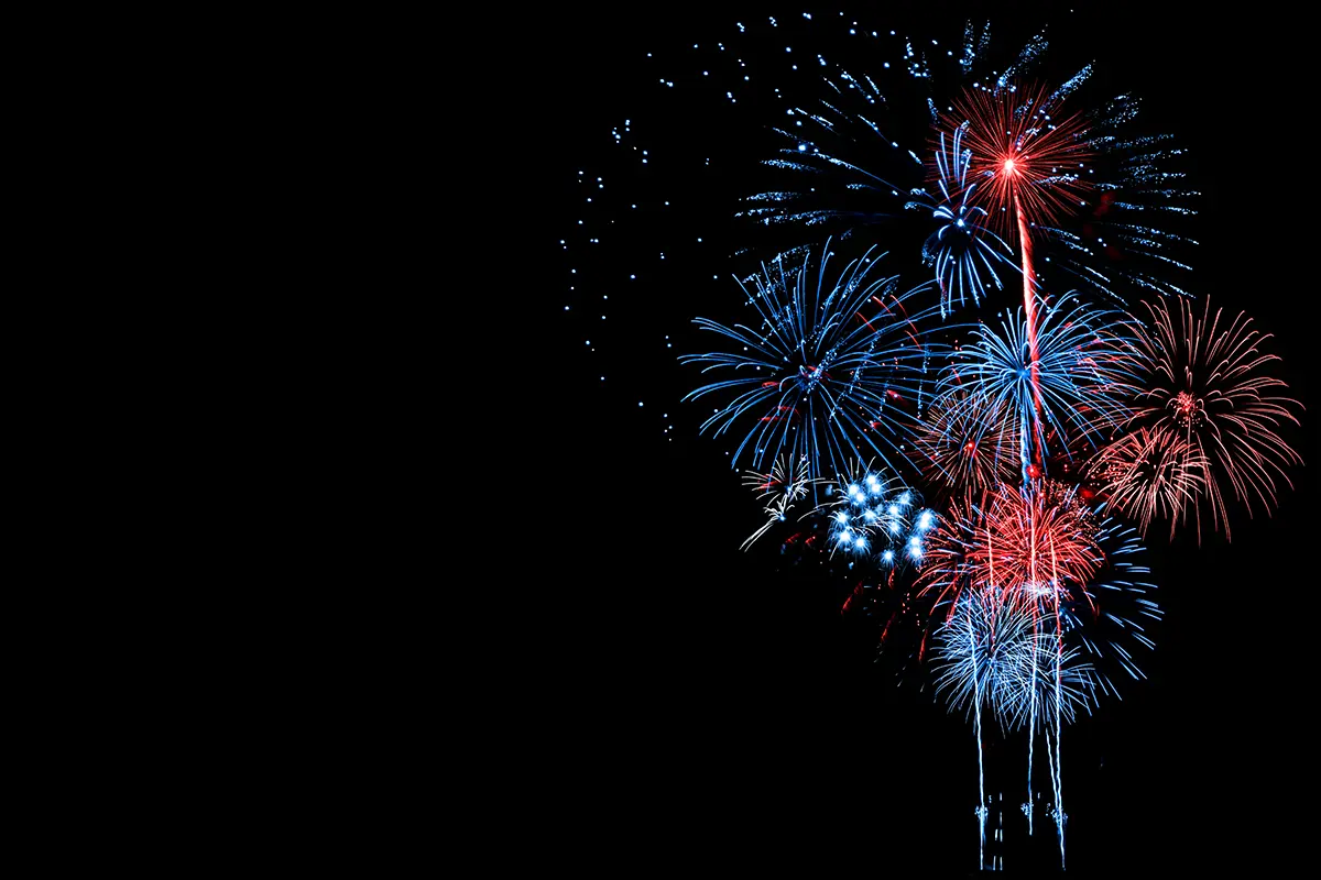 Red and blue fireworks against a dark night sky