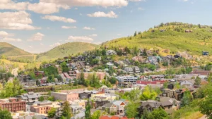 Summer mountain landscape at a ski resort in Park City Utah with buildings